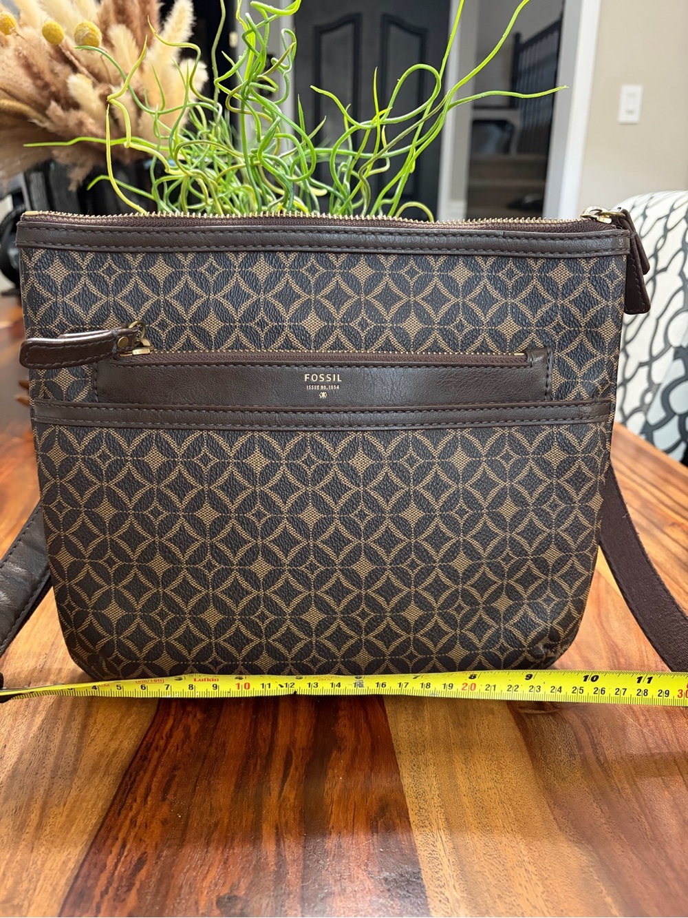 Fossil Brown Patterned Canvas Messenger Crossbody